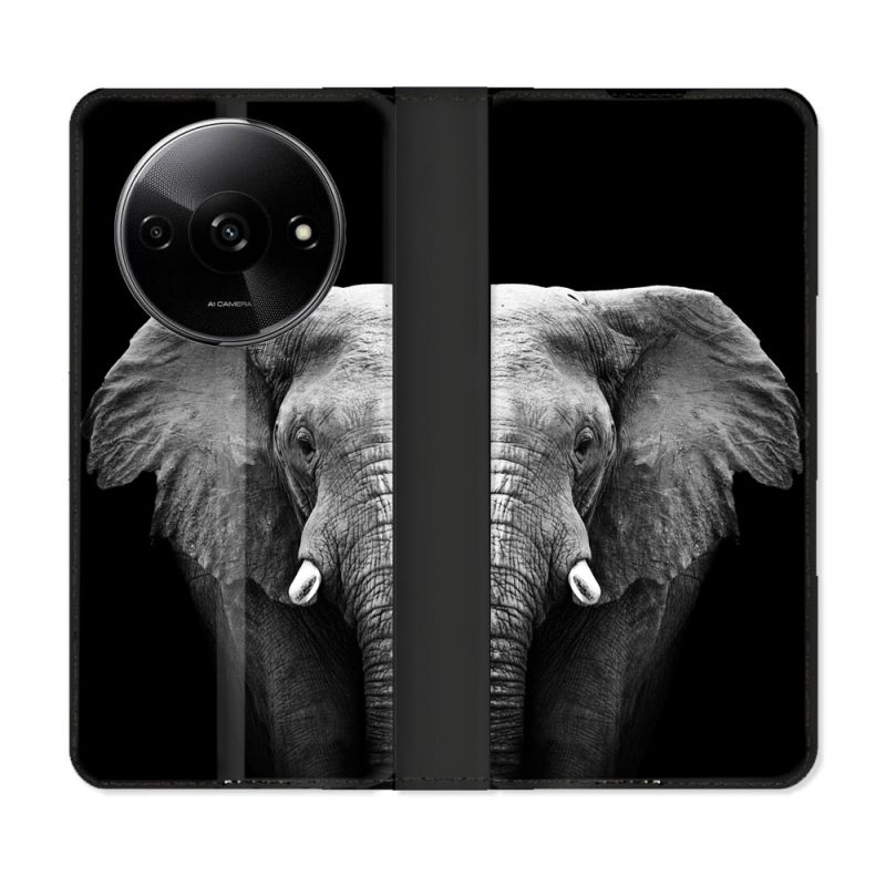 Housse cuir portefeuille Pour Xiaomi Redmi A3 Animal Elephant Noir