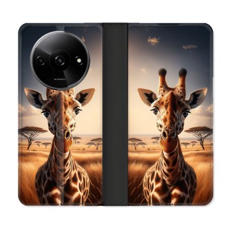 Housse cuir portefeuille Pour Xiaomi Redmi A3 Animal Girafe Savane