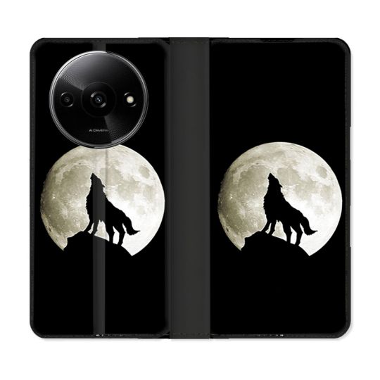 Housse cuir portefeuille Pour Xiaomi Redmi A3 Animal Loup Noir