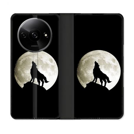 Housse cuir portefeuille Pour Xiaomi Redmi A3 Animal Loup Noir
