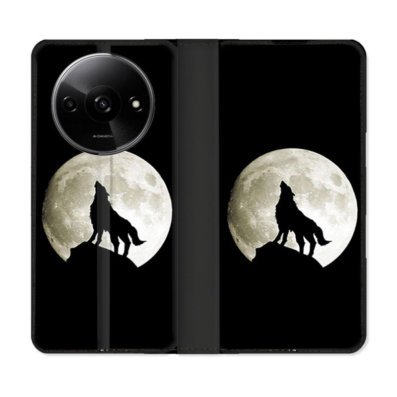 Housse cuir portefeuille Pour Xiaomi Redmi A3 Animal Loup Noir
