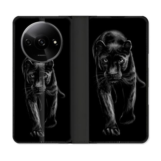 Housse cuir portefeuille Pour Xiaomi Redmi A3 Animal Panthère Noire