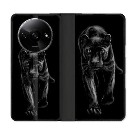 Housse cuir portefeuille Pour Xiaomi Redmi A3 Animal Panthère Noire