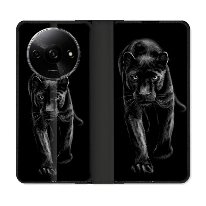Housse cuir portefeuille Pour Xiaomi Redmi A3 Animal Panthère Noire