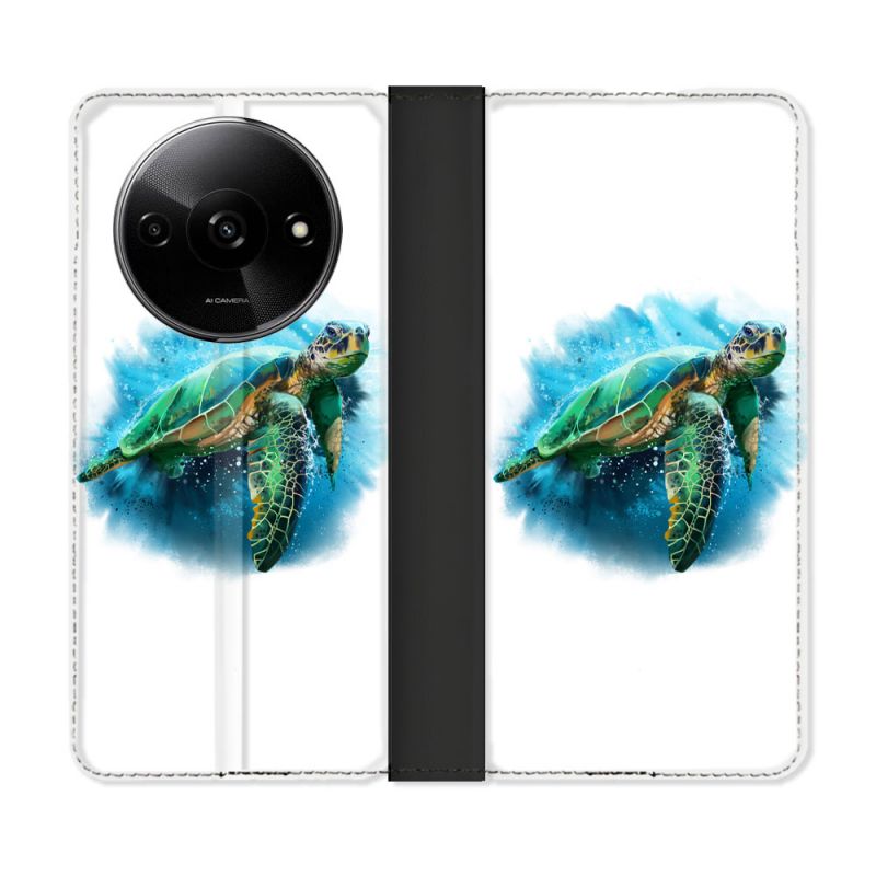 Housse cuir portefeuille Pour Xiaomi Redmi A3 Animal Tortue Blanche multicolore