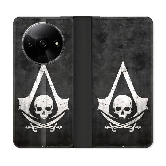 Housse cuir portefeuille Pour Xiaomi Redmi A3 Assassin Creed Tete Mort