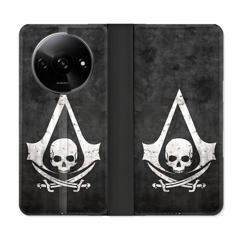 Housse cuir portefeuille Pour Xiaomi Redmi A3 Assassin Creed Tete Mort