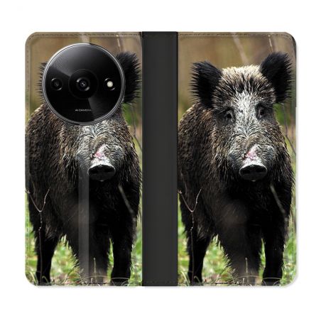 Housse cuir portefeuille Pour Xiaomi Redmi A3 Chasse Sanglier bois