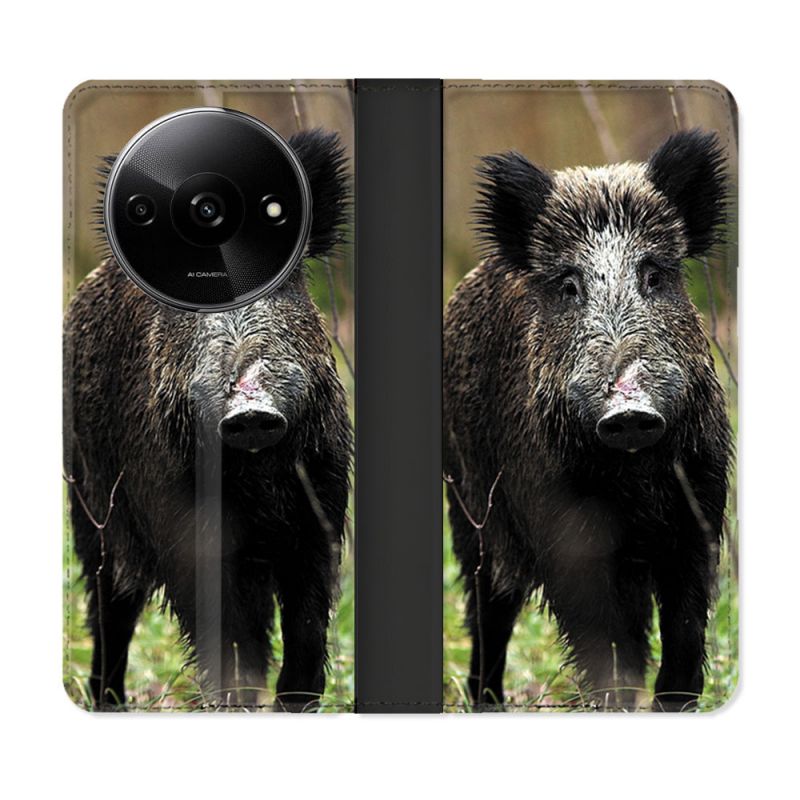 Housse cuir portefeuille Pour Xiaomi Redmi A3 Chasse Sanglier bois