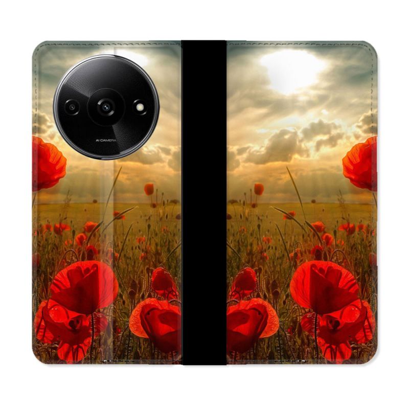Housse cuir portefeuille Pour Xiaomi Redmi A3 Fleur Coquelicot