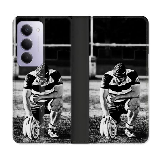 Housse cuir portefeuille Pour Xiaomi Redmi 15 5G Sport Rugby Noir Blanc