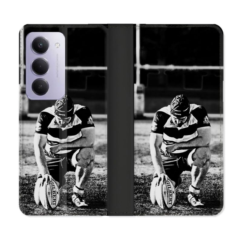 Housse cuir portefeuille Pour Xiaomi Redmi 15 5G Sport Rugby Noir Blanc