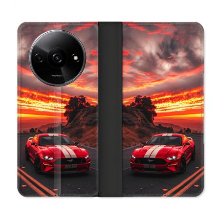 Housse cuir portefeuille Pour Xiaomi Redmi A3 Ford Mustang GT500 Rouge
