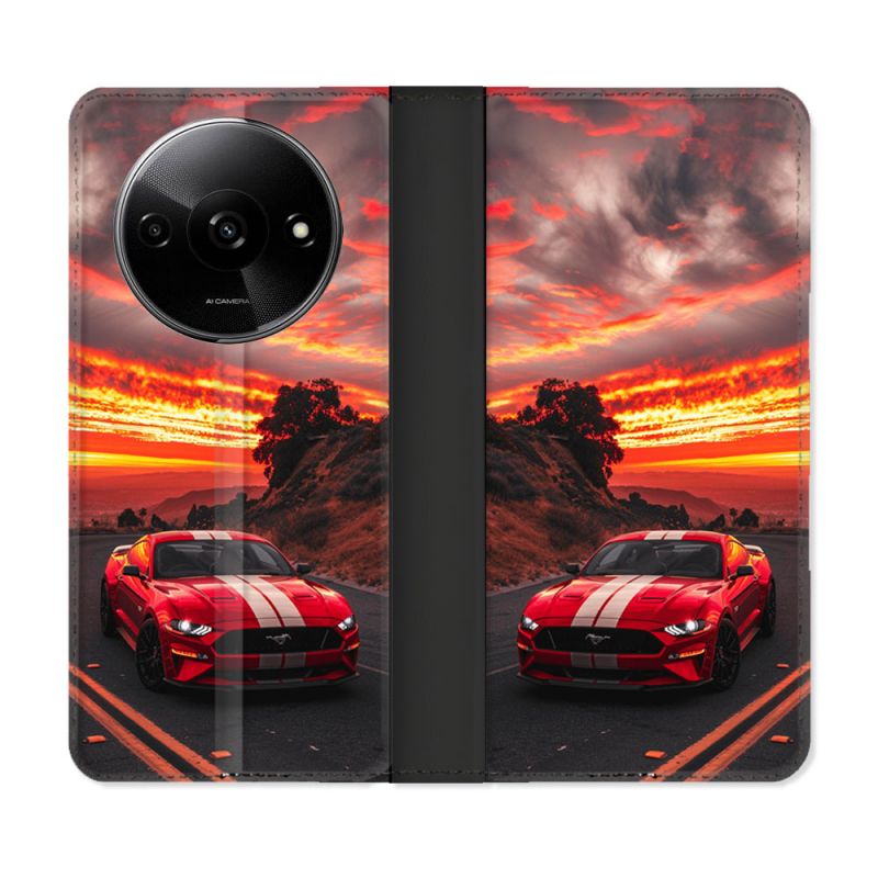 Housse cuir portefeuille Pour Xiaomi Redmi A3 Ford Mustang GT500 Rouge