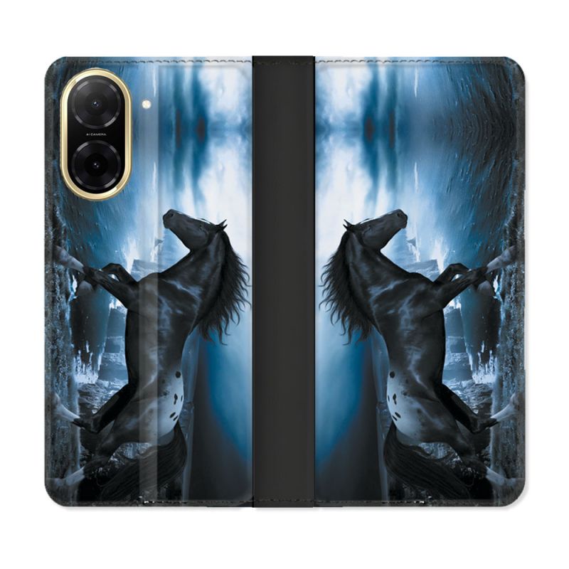 Housse cuir portefeuille Pour Xiaomi Redmi A5 Animal Cheval Noir