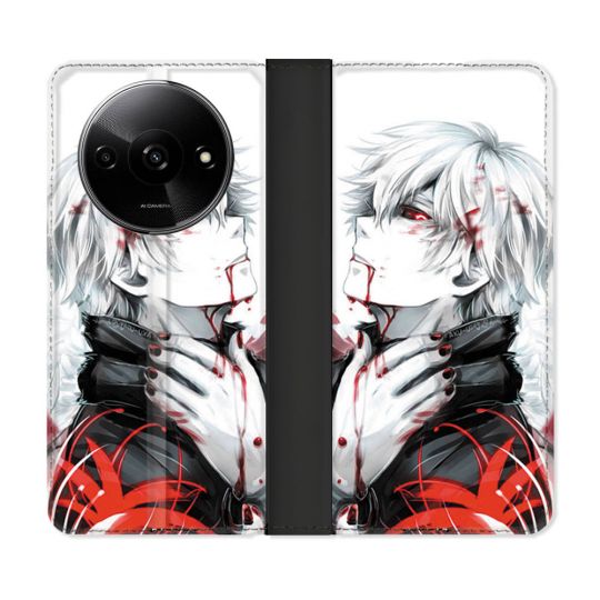 Housse cuir portefeuille Pour Xiaomi Redmi A3 Manga Tokyo Ghoul Kaneki Blanc