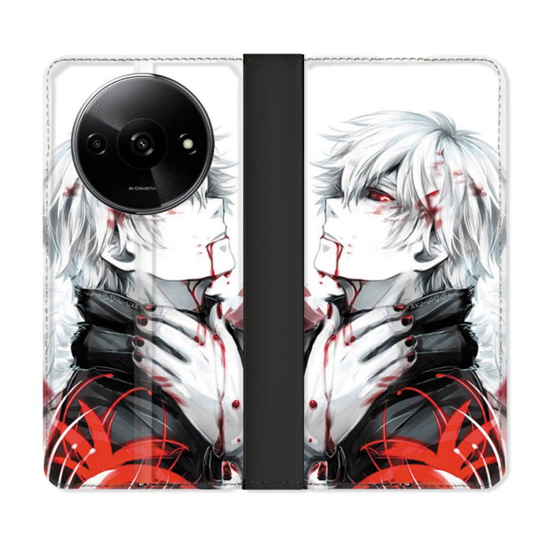 Housse cuir portefeuille Pour Xiaomi Redmi A3 Manga Tokyo Ghoul Kaneki Blanc