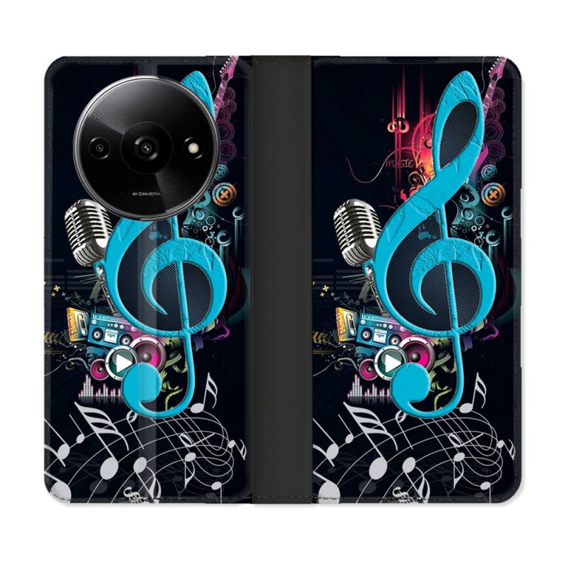 Housse cuir portefeuille Pour Xiaomi Redmi A3 Musique Cle Sol Bleu