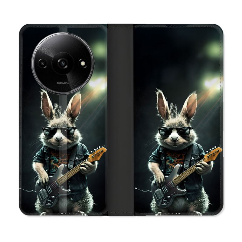 Housse cuir portefeuille Pour Xiaomi Redmi A3 Musique Rock Lapin