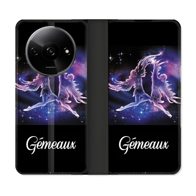 Housse cuir portefeuille Pour Xiaomi Redmi A3 Signe Zodiaque 2 Gémeaux