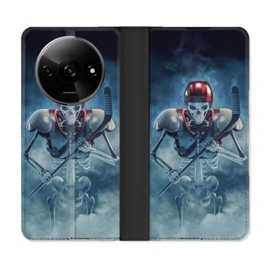 Housse cuir portefeuille Pour Xiaomi Redmi A3 Sport Hockey Squelette