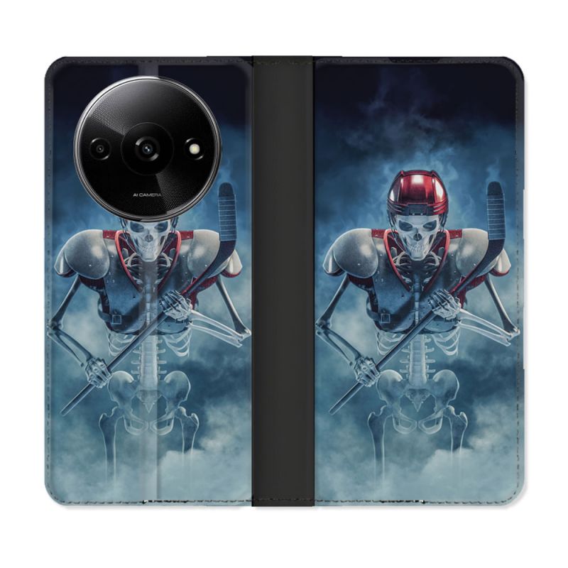 Housse cuir portefeuille Pour Xiaomi Redmi A3 Sport Hockey Squelette