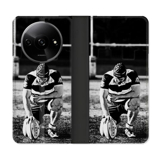 Housse cuir portefeuille Pour Xiaomi Redmi A3 Sport Rugby Noir Blanc