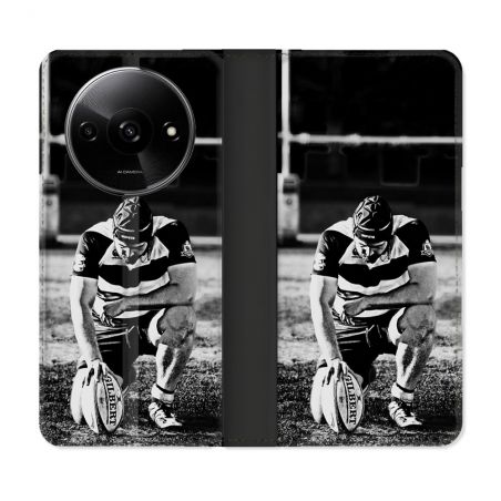 Housse cuir portefeuille Pour Xiaomi Redmi A3 Sport Rugby Noir Blanc