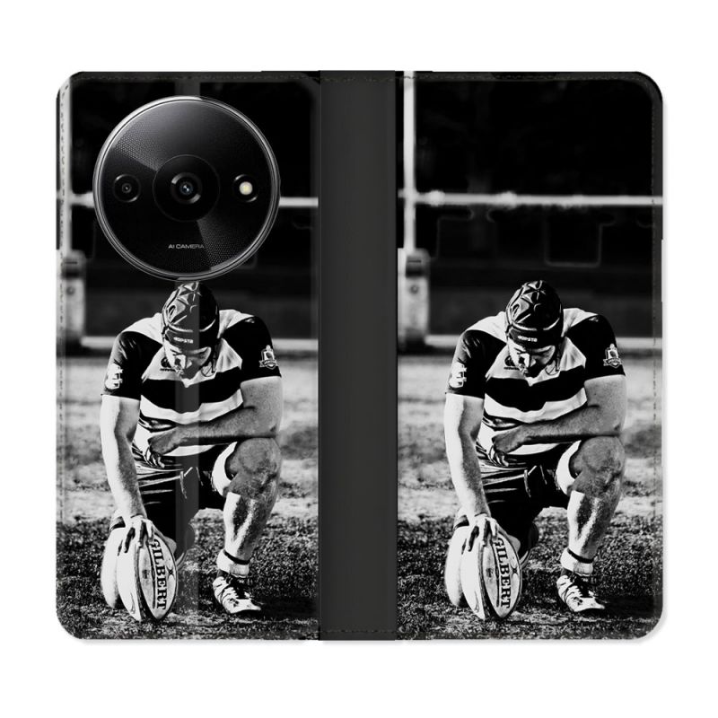 Housse cuir portefeuille Pour Xiaomi Redmi A3 Sport Rugby Noir Blanc