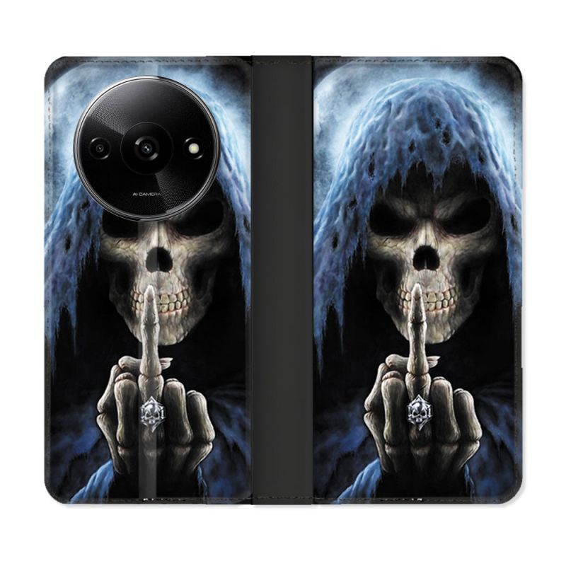 Housse cuir portefeuille Pour Xiaomi Redmi A3 Tete de Mort Doigt