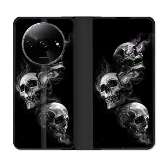 Housse cuir portefeuille Pour Xiaomi Redmi A3 Tete de Mort Triple