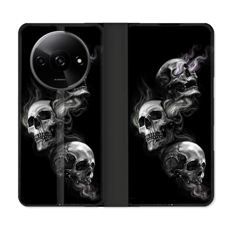 Housse cuir portefeuille Pour Xiaomi Redmi A3 Tete de Mort Triple