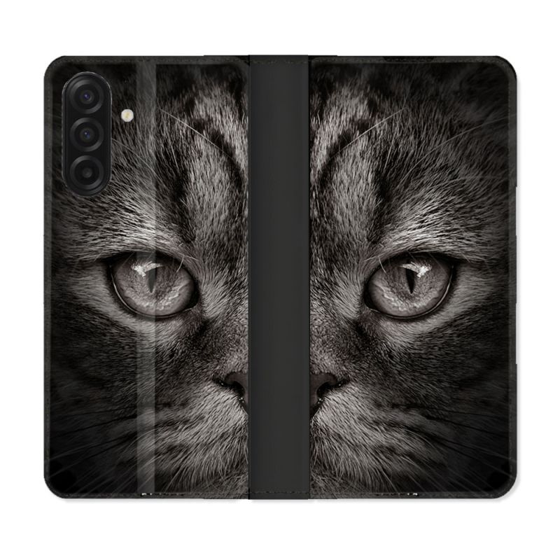 Housse cuir portefeuille Pour Samsung Galaxy A17 5G Animal Chat Gris