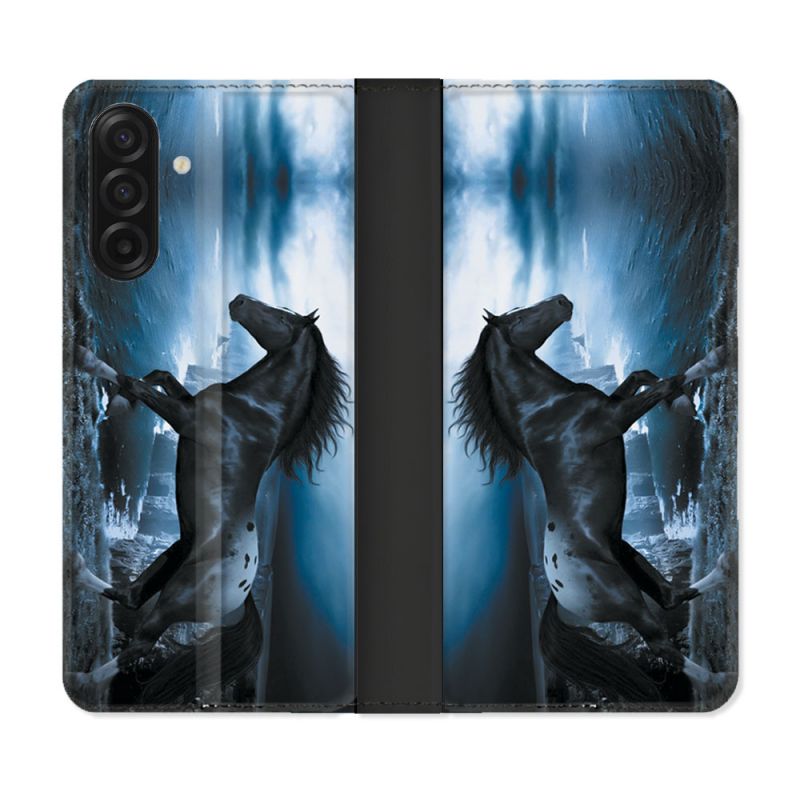 Housse cuir portefeuille Pour Samsung Galaxy A17 5G Animal Cheval Noir