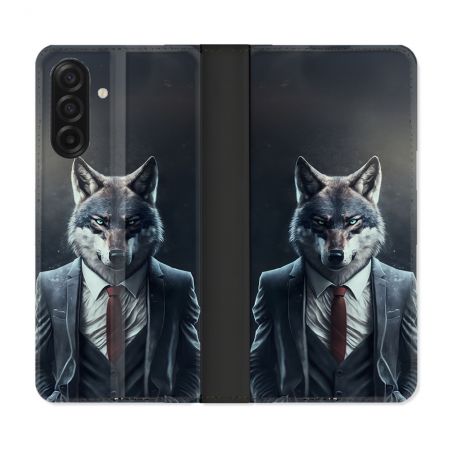 Housse cuir portefeuille Pour Samsung Galaxy A17 5G Animal Loup Business