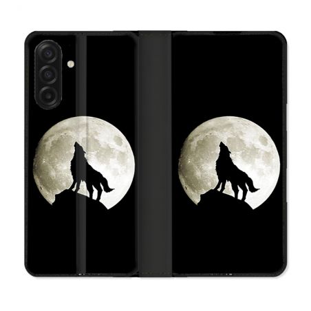 Housse cuir portefeuille Pour Samsung Galaxy A17 5G Animal Loup Noir