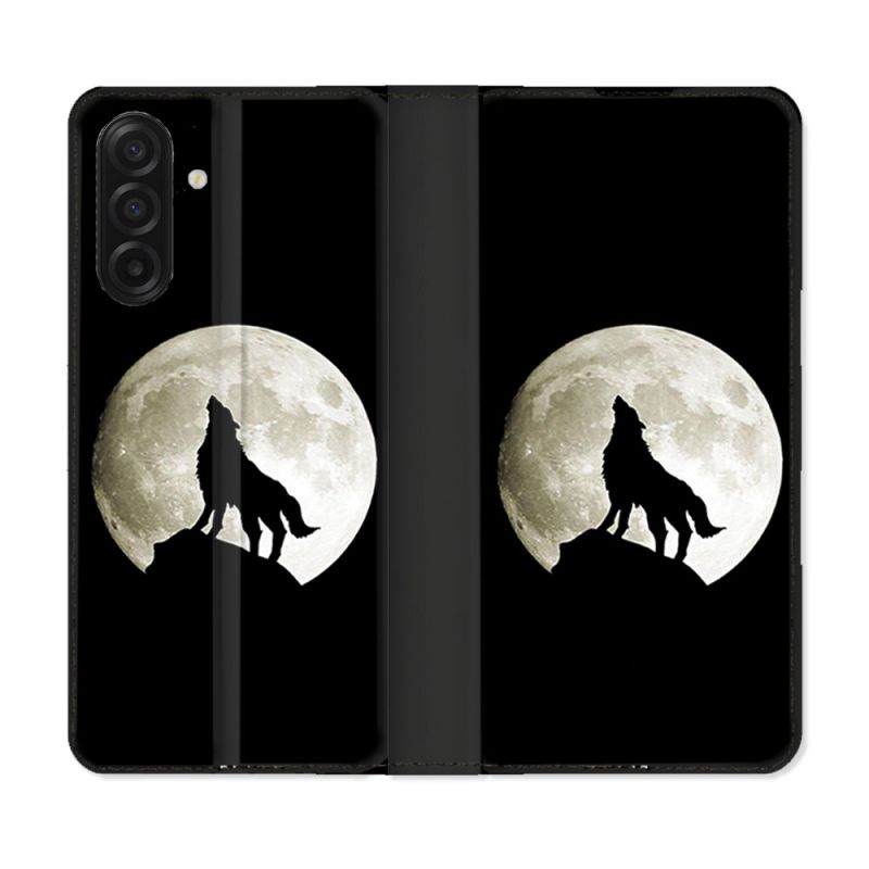 Housse cuir portefeuille Pour Samsung Galaxy A17 5G Animal Loup Noir
