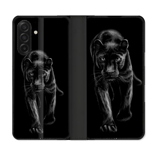 Housse cuir portefeuille Pour Samsung Galaxy A17 5G Animal Panthère Noire