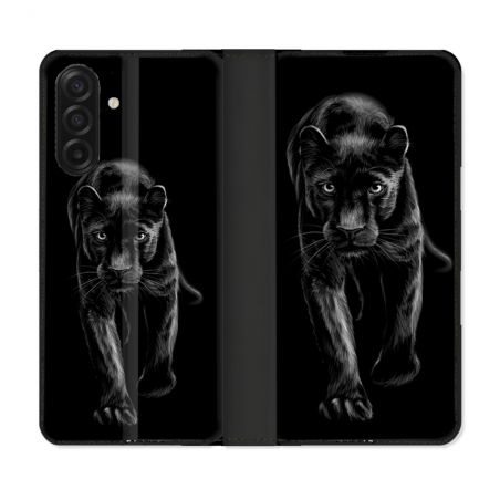 Housse cuir portefeuille Pour Samsung Galaxy A17 5G Animal Panthère Noire