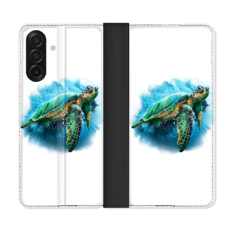 Housse cuir portefeuille Pour Samsung Galaxy A17 5G Animal Tortue Blanche multicolore