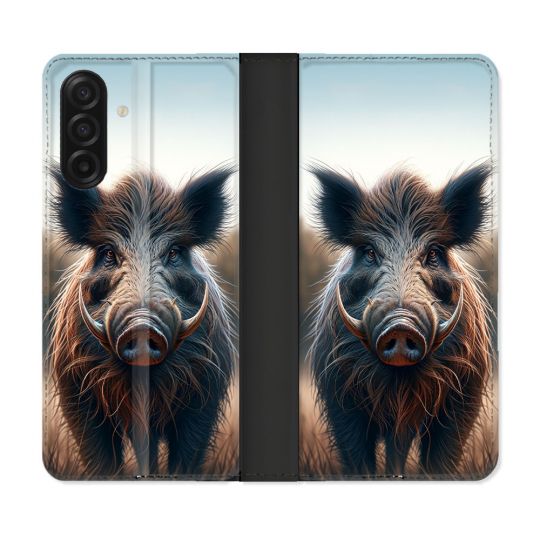 Housse cuir portefeuille Pour Samsung Galaxy A17 5G Chasse Sanglier Attaque