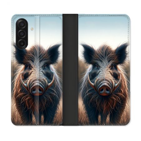 Housse cuir portefeuille Pour Samsung Galaxy A17 5G Chasse Sanglier Attaque