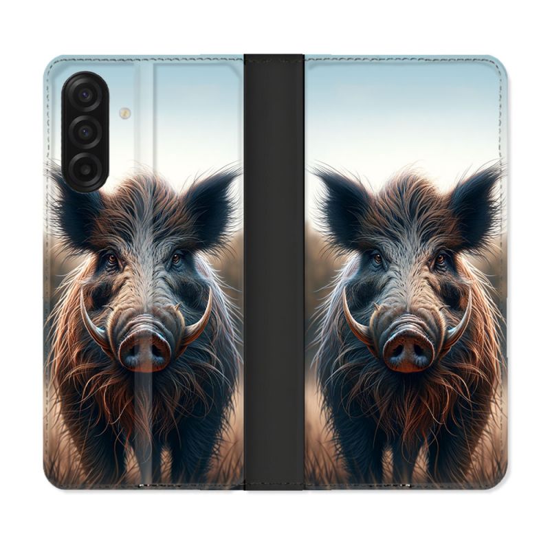 Housse cuir portefeuille Pour Samsung Galaxy A17 5G Chasse Sanglier Attaque