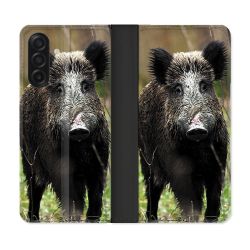 Housse cuir portefeuille Pour Samsung Galaxy A17 5G Chasse Sanglier bois