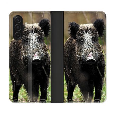 Housse cuir portefeuille Pour Samsung Galaxy A17 5G Chasse Sanglier bois