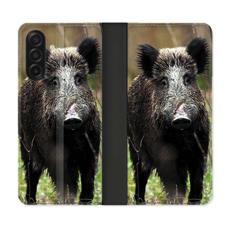 Housse cuir portefeuille Pour Samsung Galaxy A17 5G Chasse Sanglier bois
