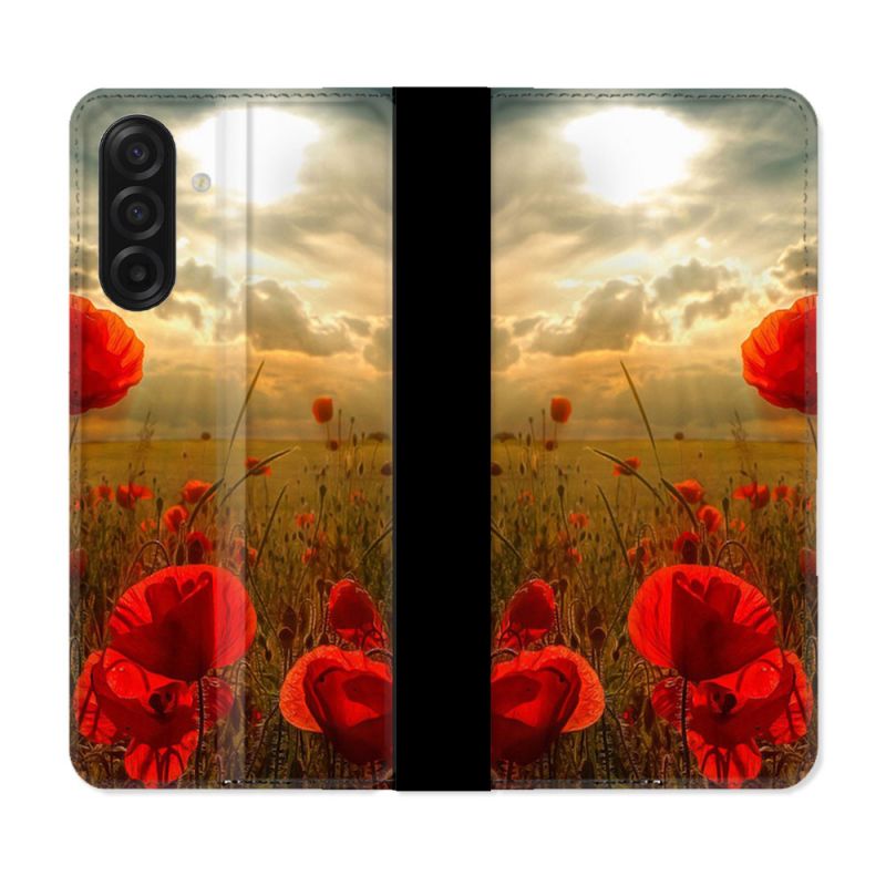 Housse cuir portefeuille Pour Samsung Galaxy A17 5G Fleur Coquelicot