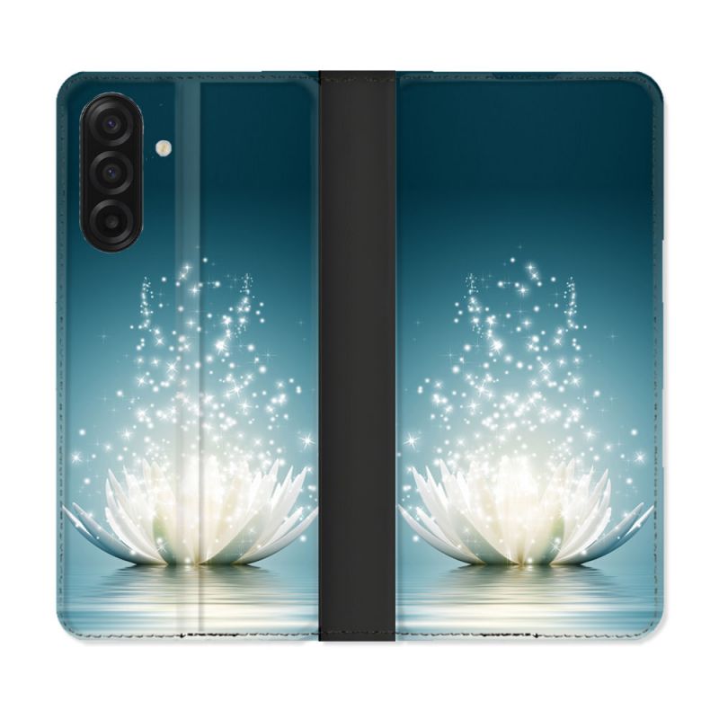 Housse cuir portefeuille Pour Samsung Galaxy A17 5G Fleur Lotus Blanc