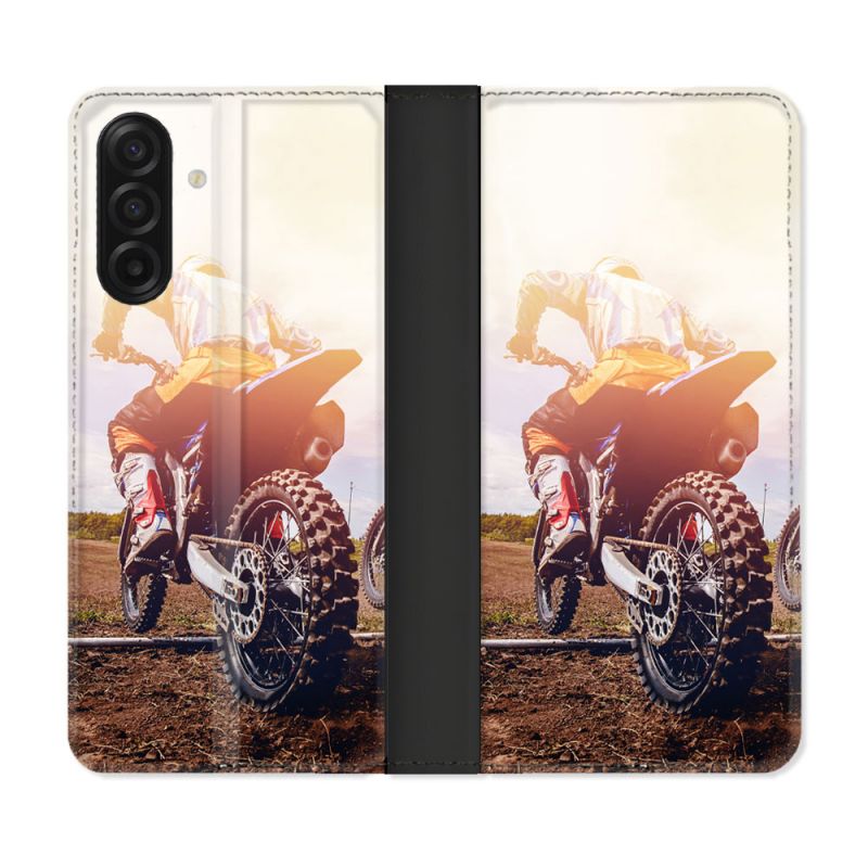 Housse cuir portefeuille Pour Samsung Galaxy A17 5G Moto Cross Soleil