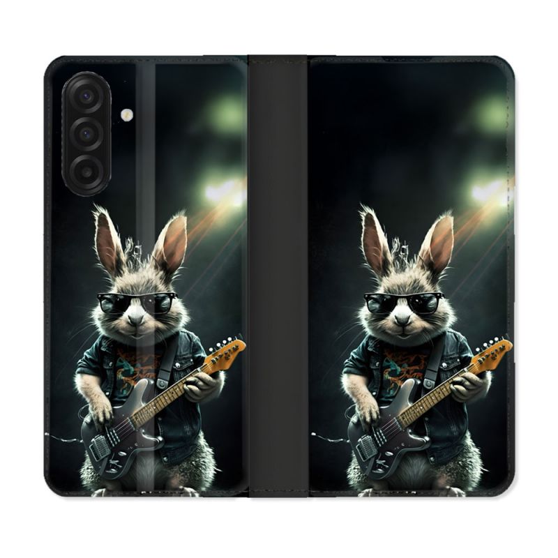 Housse cuir portefeuille Pour Samsung Galaxy A17 5G Musique Rock Lapin